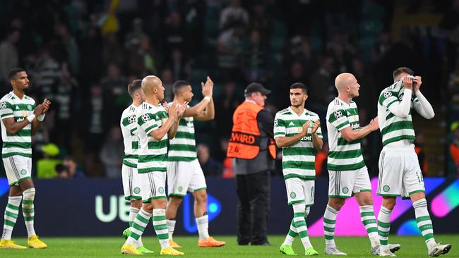 Celtic players acknowledge the crowd after their 3-0 loss to Real Madrid. Picture: Andy Buchanan / AFP