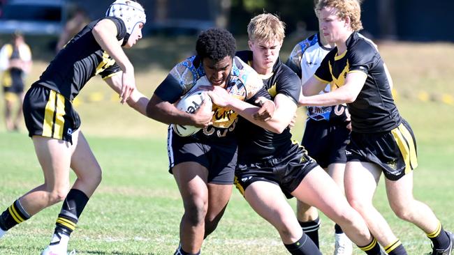 St Laurenceâ€™s College vs Iona College AIC First XIII rugby league. Saturday July 22, 2023. Picture, John Gass