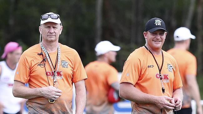 Port coach Ken Hinkley with assistant Michael Voss at the Power’s pre-season camp in Noosa. Picture SARAH REED