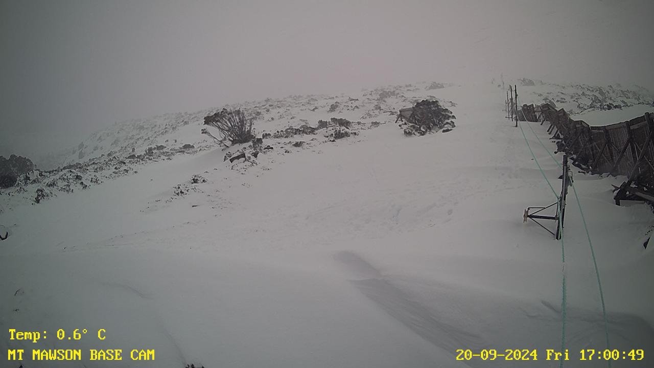 One of the cameras located on the Mawson Tow hut at Mt Mawson, Tasmania pointing northeast and overlooking the day shelter. The ski town was blanketed overnight with up to 20cm of snow. Picture: Supplied / Mt Mawson