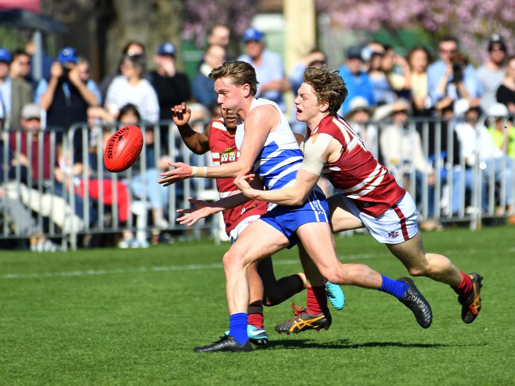 Action from Prince Alfred’s intercol football clash with St Peter’s on Saturday. Picture: AAP/ Keryn Stevens.