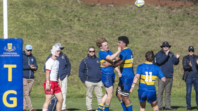 Myles Rosemond (left) celebrates his try for Toowoomba Grammar School. Picture: Kevin Farmer