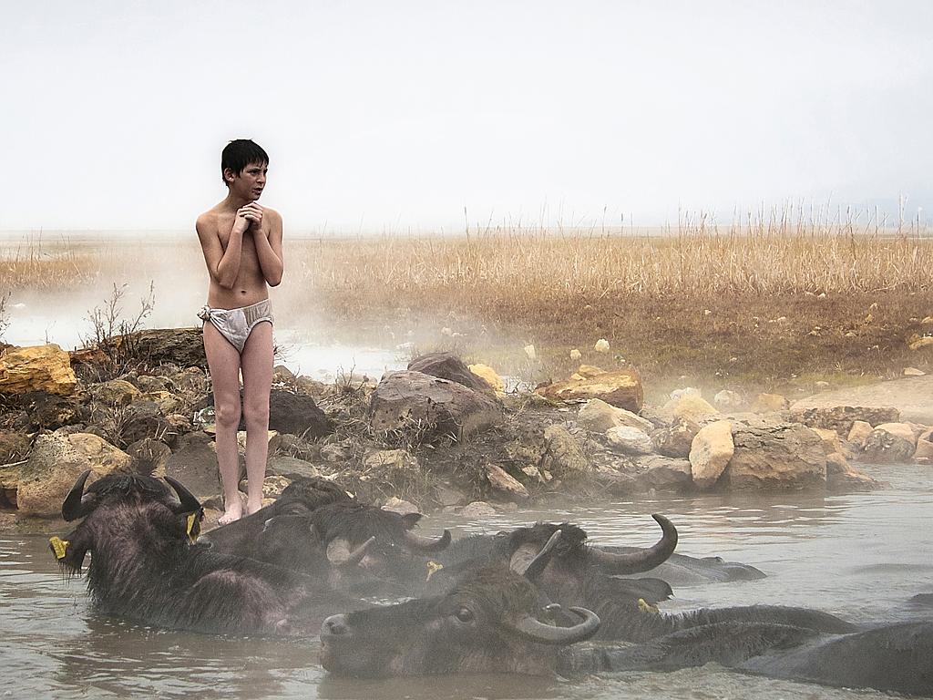 Cold: Due to low temperatures a freezing village boy stands next to anatural thermal hot water pool while his water buffalos are already enjoying the heat. Shot at Bitlis, East Anatolia, Turkey. Picture: Burak Senbak, Winner, Turkey National Award, 2015 Sony World Photography Awards