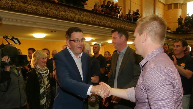 Daniel Andrews campaigning with fire fighters. Picture: Hamish Blair