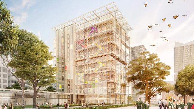 An artist impression's of Parramatta’s Arthur Phillip School which is undergoing a facelift to incorporate a 17-storey tower with a playground on the roof.