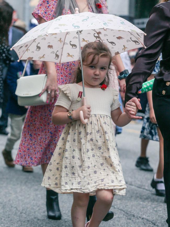 Evie Carell, 3, in Brisbane for the 2023 ANZAC Day March. Picture: NCA NewsWire / Glenn Campbell