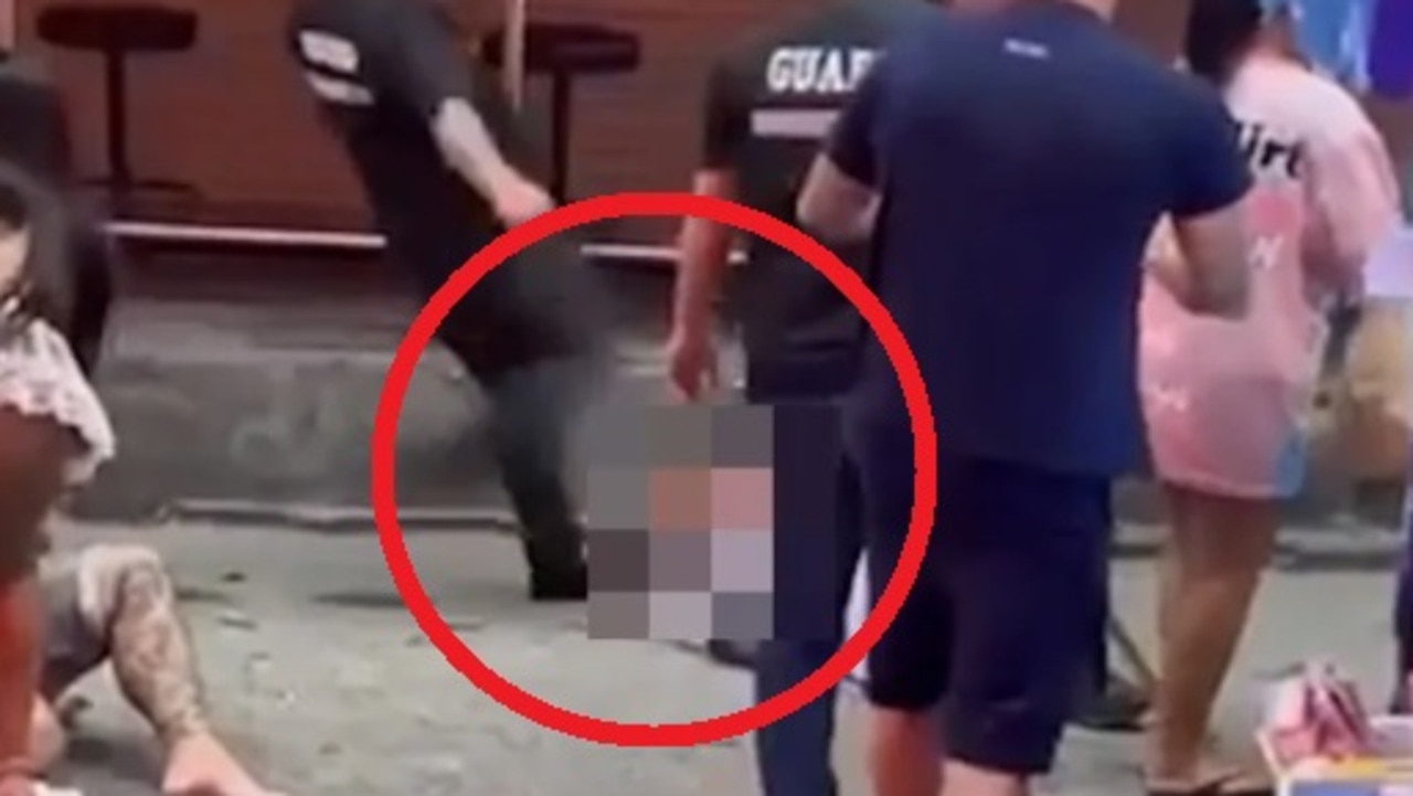 Shocking footage shows the moment a British man was brutally kicked in the head during a massive bar brawl in Thailand.