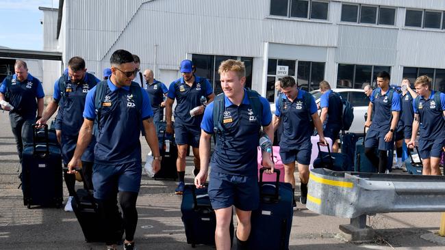 Cowboys at Townsville Airport heading to Sydney for the semi finals against the Sharks. Valentine Holmes and Tom Dearden. Picture: Evan Morgan