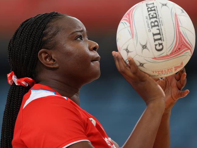 SYDNEY, AUSTRALIA - MAY 12: Sam Wallace-Joseph of the Swifts warms up ahead of the round five Super Netball match between NSW Swifts and Melbourne Vixens at Ken Rosewall Arena on May 12, 2024 in Sydney, Australia. (Photo by Jason McCawley/Getty Images)