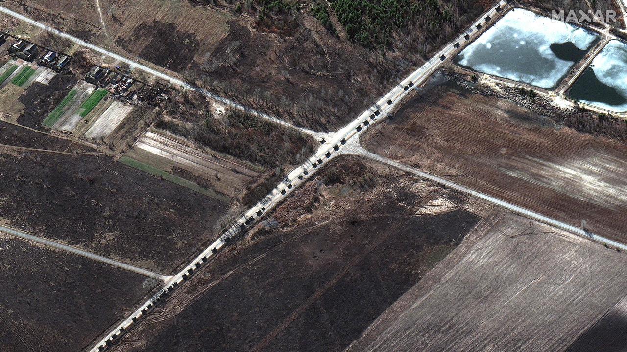 A military convoy along a highway, north of Ivankiv, Ukraine, is more than 60km long. Picture: Maxar Technologies/AFP