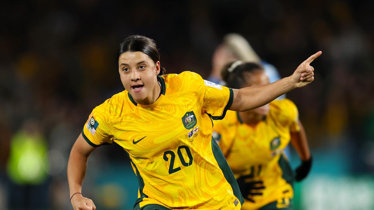 Sam Kerr of Australia celebrates after scoring her team's first goal during the FIFA Women's World Cup. Photo by Brendon Thorne/Getty Images