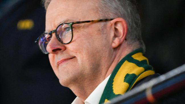 Australia's Prime Minister Anthony Albanese is seen in the stands before the start of the Australia and New Zealand 2023 Women's World Cup semi-final football match between Australia and England at Stadium Australia in Sydney on August 16, 2023. (Photo by Saeed KHAN / AFP)