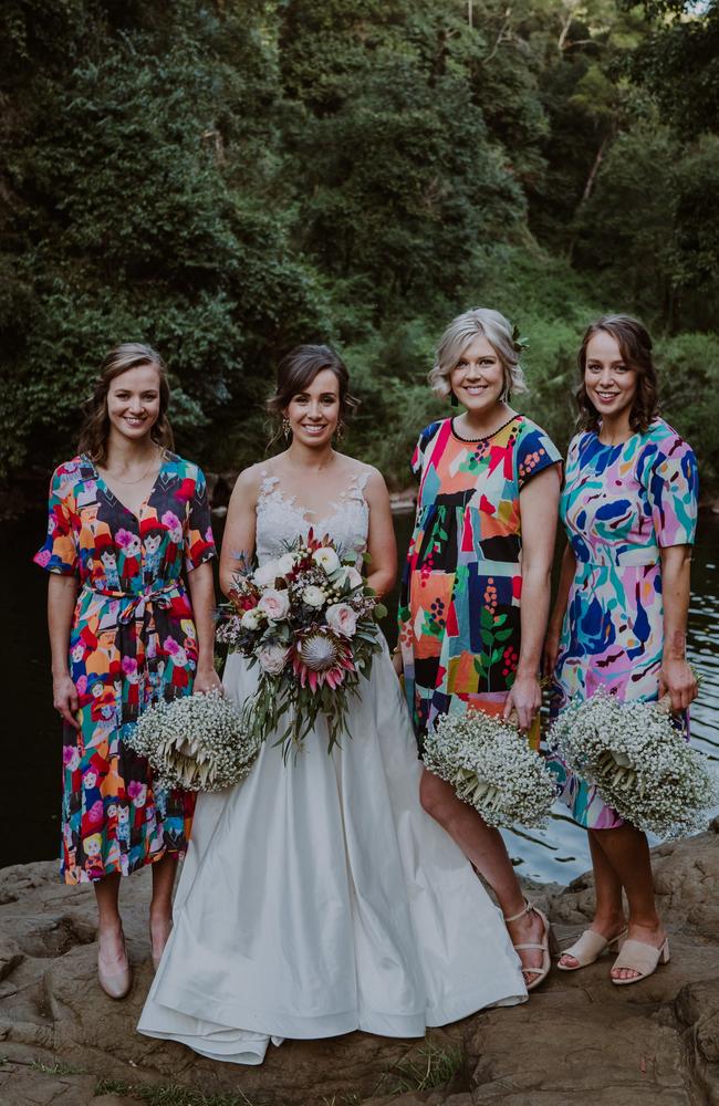 Katherine Ash with her bridal party: Bonnie Mohan, Genevieve Ash and Lauren Ash