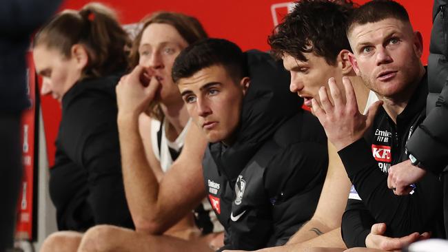 Nick Daicos watched the final quarter from the bench after his injury. Picture: Michael Klein