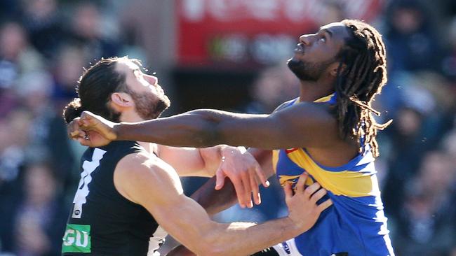 West Coast ruckman Nic Naitanui is getting closer to returning from a knee injury. Picture: Michael Klein.