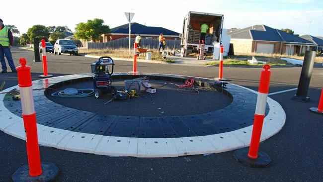 TRAFFIC FIRST: A rubber roundabout was installed at Bilambil Heights this week. Picture: Contributed