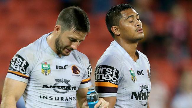 Brisbane’s Ben Hunt and Anthony Milford after losing to the Parramatta Eels. Picture: AAP