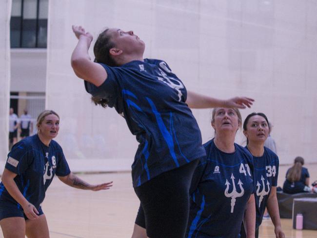 Action as the Ballina Tridents V the Seniorits in the Pan Pacific Masters Games Volletball tournament. Picture: Glenn Campbell