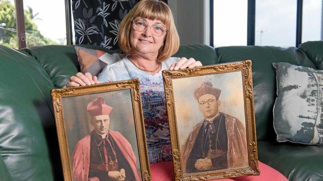 Mackay resident Sharmaine Moyle found these old portraits in a box of gardening tools she bought at a garage sale. They are the 5th Bishop of Rockhampton, Romuald Hayes and 6th Bishop of Rockhampton Andrew Tynan. Picture: Emma Murray