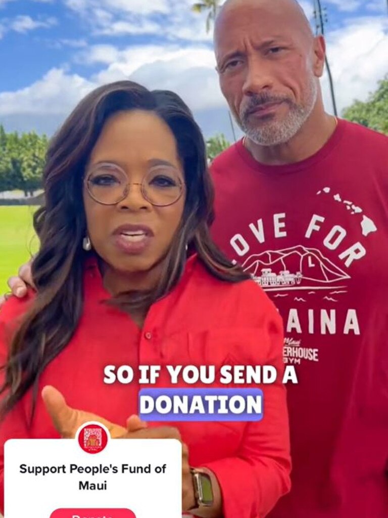 Oprah Winfrey and Dwayne 'The Rock' Johnson asking people to donate to those affected by the Maui wildfire. Picture: Dwayne Johnson/TikTok