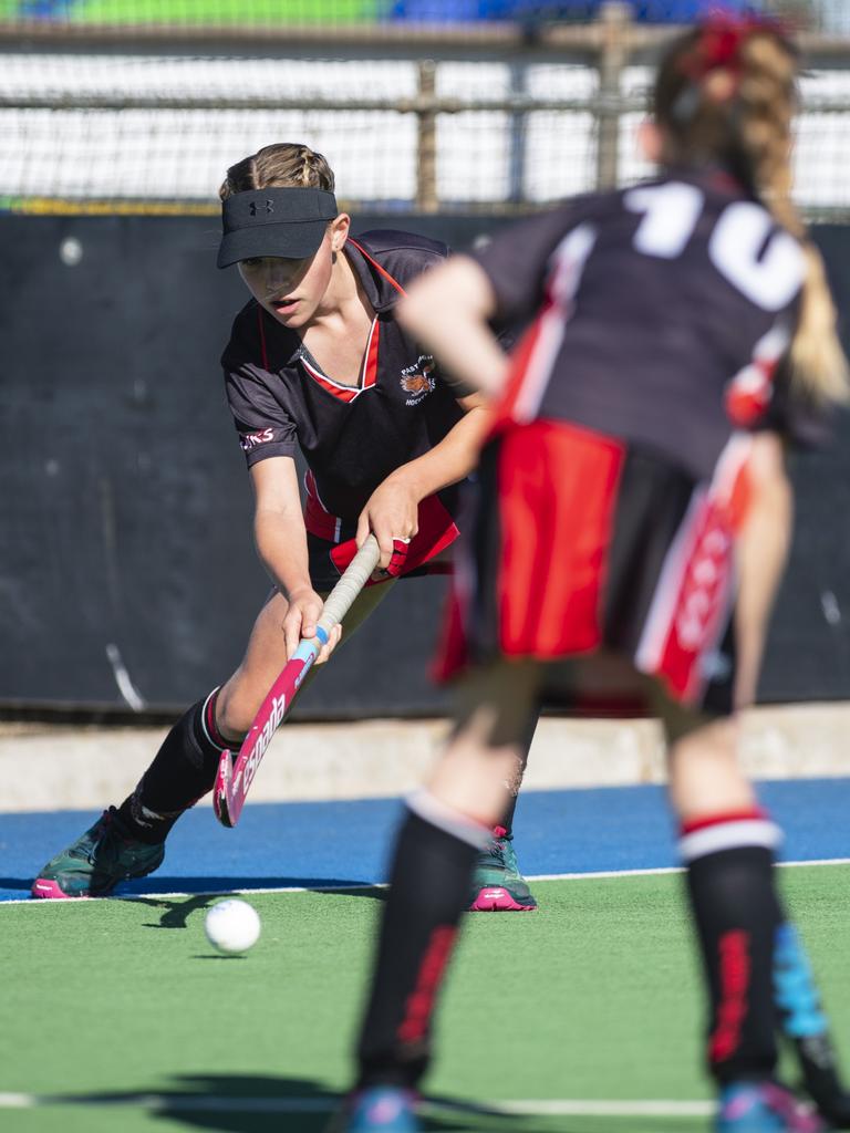 Caesia Johnson of Past High against Rangeville in under-11 girls Presidents Cup hockey at Clyde Park, Saturday, May 27, 2023. Picture: Kevin Farmer