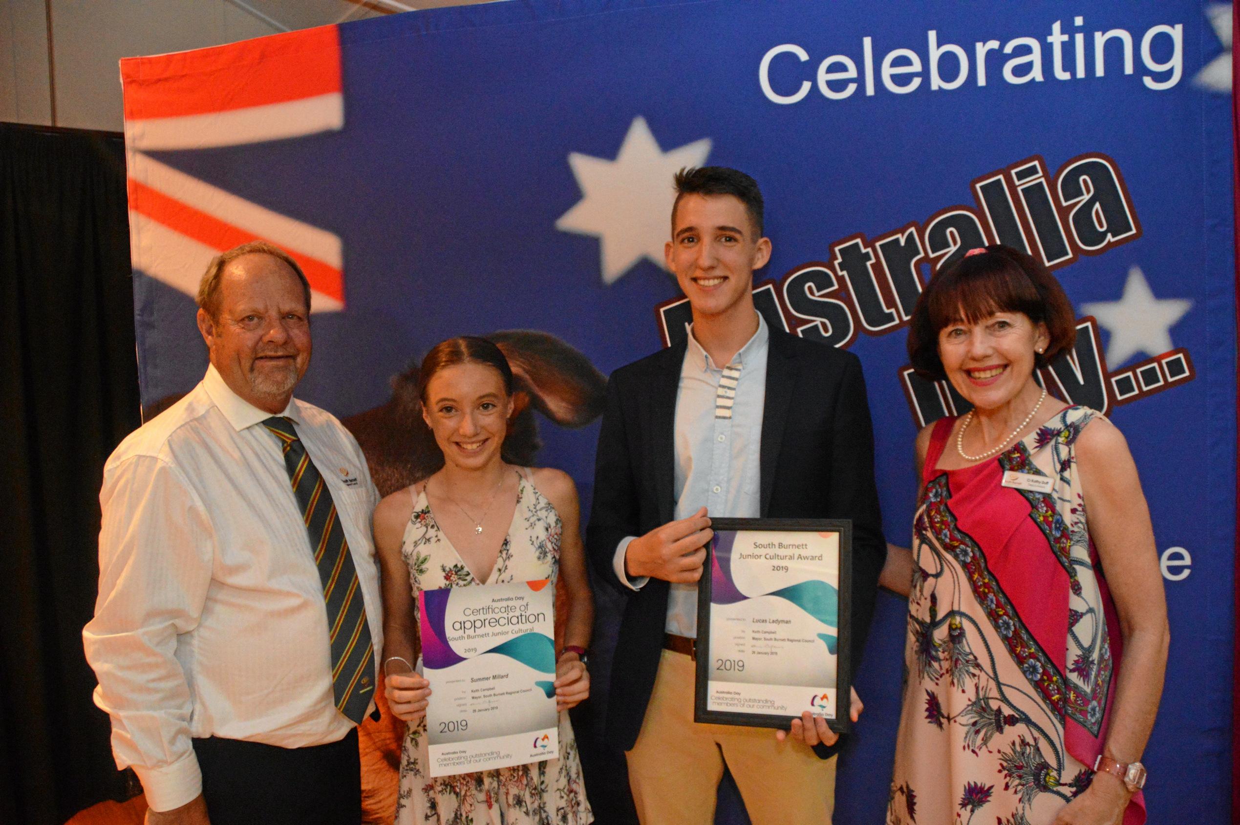 Winner of the junior cultural award Lucas Ladyman with nominee Summer Millard, Cr Kathy Duff and Cr Terry Fleischfresser  at the South Burnett Australia Day awards 2019. Picture: Claudia Williams