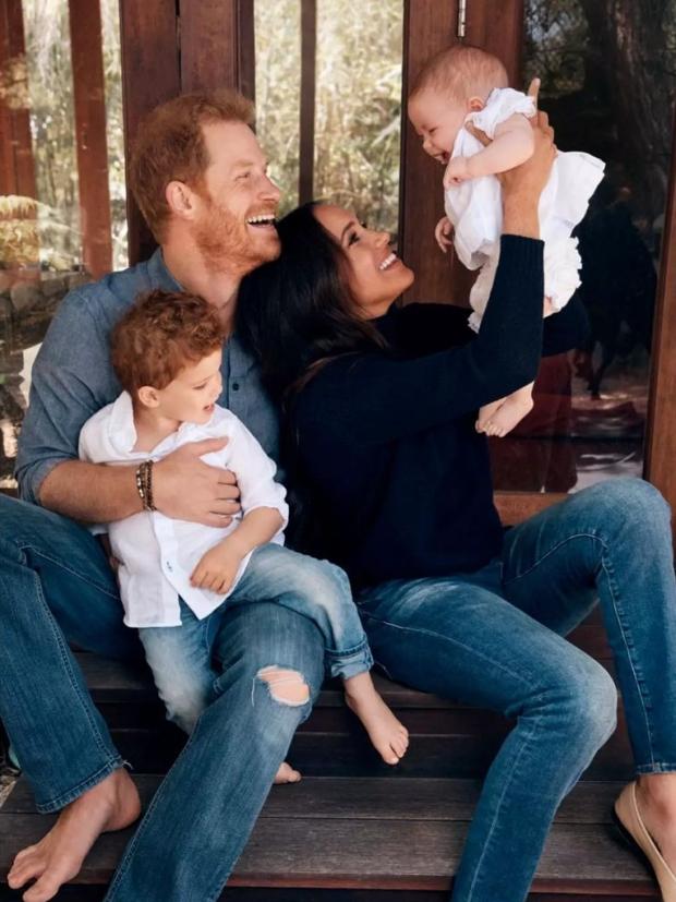 Prince Harry and Meghan Markle with Archie and Lilibet in their 2021 Christmas Card. Picture: Alexi Lubomirski/The Duke and Duchess of Sussex