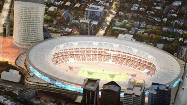 Screen grabs from a digital depiction of how the Gabba will be transformed for the 2032 Olympics in Brisbane.