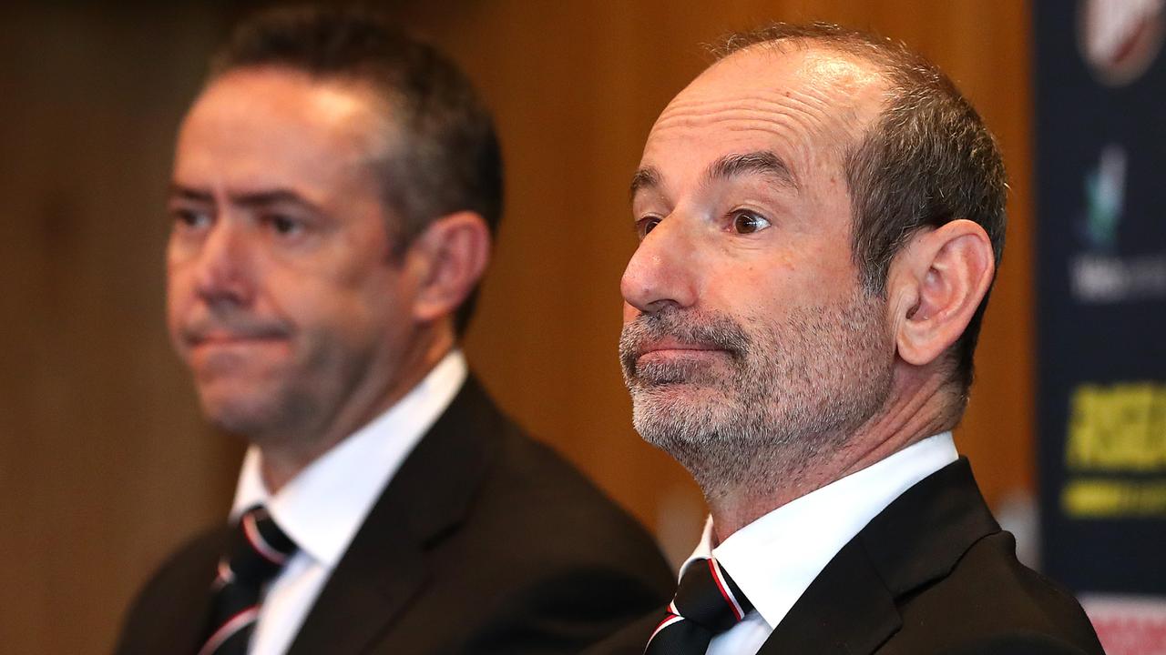 St Kilda president Andrew Bassat and CEO Simon Lethlean address the media after Brett Ratten was removed as club coach.