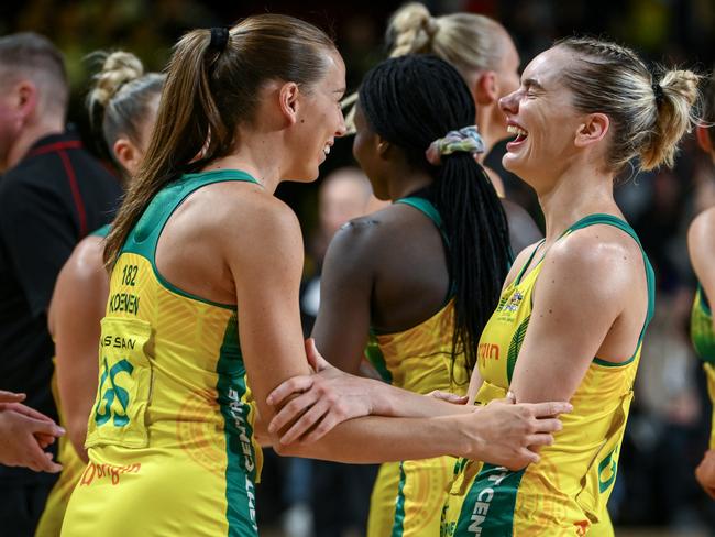 Cara Koenen and Kiera Austin celebrate the win. Picture: Getty Images