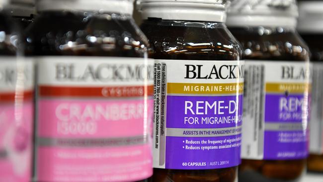 Blackmores vitamins are seen for sale at a chemist in Sydney, Tuesday, February 19, 2019. Blackmores shares have hit an 18-month low after the vitamin maker warned its sales in China were not expected to grow within the next six months. (AAP Image/Joel Carrett) NO ARCHIVING