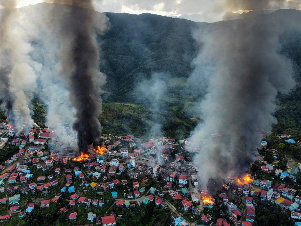 Smoke and fires at Thantlang in Chin State, where more than 160 buildings have been destroyed by shelling from Junta military troops.