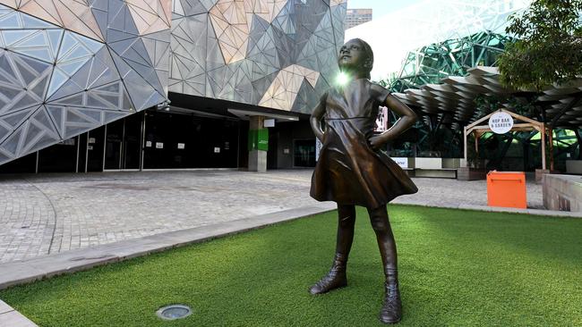 The replica of New York's famous Fearless Girl statue in Federation Square, Melbourne. Picture: AAP