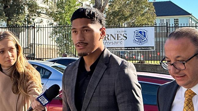 Dragons player Talatau Junior Amone entering Wollongong Local Court for a hearing on Thursday, August 17, 2023. Picture: Dylan Arvela