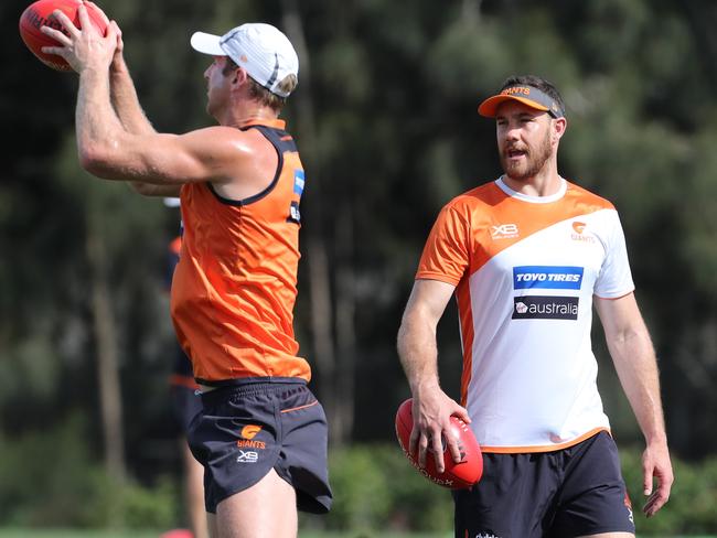 Ruck coach Shane Mumford overseeing Giants training session. Picture: David Swift