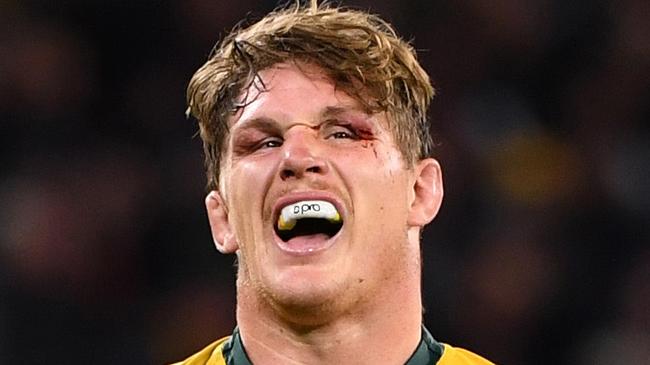 Michael Hooper of the Wallabies recovers during the Bledisloe Cup match between the Australian Wallabies and the New Zealand All Blacks at Optus Stadium in Perth, Saturday, August 10, 2019.  (AAP Image/Dave Hunt) NO ARCHIVING, EDITORIAL USE ONLY