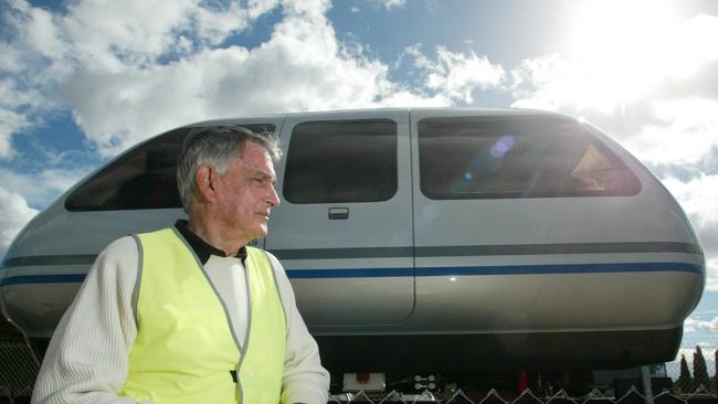 Mayor Ron Clarke inspects the Austrans People Pods in Chullora, Sydney in 2004.