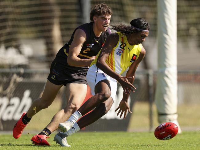 Johnston competes for the ball for NT Thunder with Brayden George of the Bushrangers in April in Melbourne. Picture: Martin Keep/AFL Photos via Getty Images.