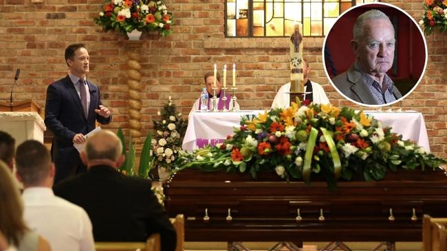 Miles Fuller speaks at the funeral of his father and NEPEAN Engineering founder David Fuller (inset). Picture: Robert Pozo