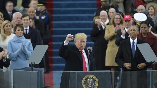 US President Donald Trump pumps his fist after addressing the crowd. Picture: AFP