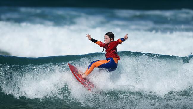 Quincy back in 2014 when she was 6 and competing in Barton Lynch's Blast Off Surf event at Whale Beach. Picture: Braden Fastier.