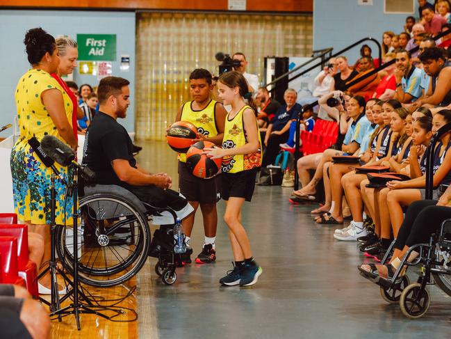 Tournament ambassador and Australian wheelchair basketball representative CJ McCarthy-Grogan at the Indigenous Community Basketball League Opening Ceremony at Darwin Basketball Stadium. Picture: Glenn Campbell