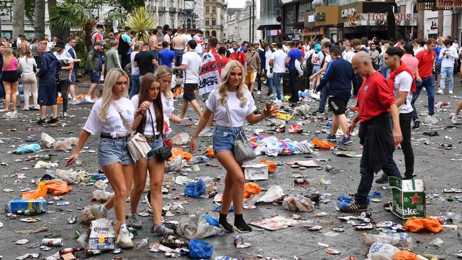 The aftermath of the ‘party’ in Leicester Square. Picture: AFP.