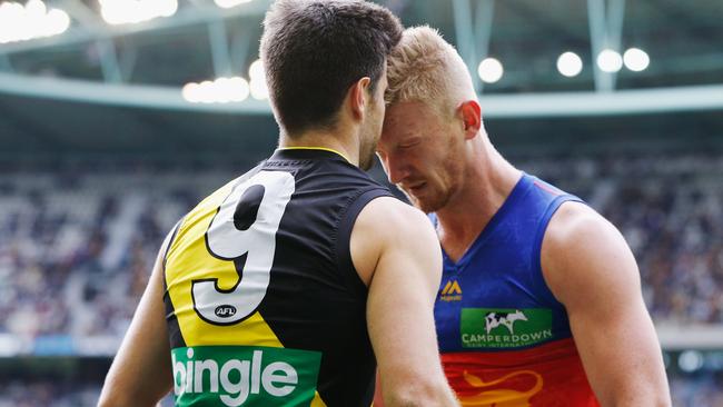 Brisbane’s Nick Robertson has been reported for headbutting Richmond captain Trent Cotchin. Picture: Getty Images