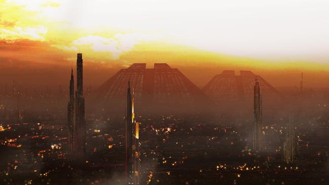 The iconic Los Angeles Skyline featuring the Tyrell Corporation pyramids from the 1982 film <i>Blade Runner</i>.