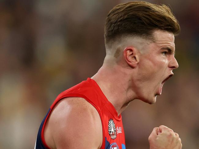 MELBOURNE, AUSTRALIA - APRIL 24: Bayley Fritsch of the Demons celebrates kicking a goal during the round seven AFL match between Melbourne Demons and Richmond Tigers at Melbourne Cricket Ground, on April 24, 2025, in Melbourne, Australia. (Photo by Robert Cianflone/Getty Images)