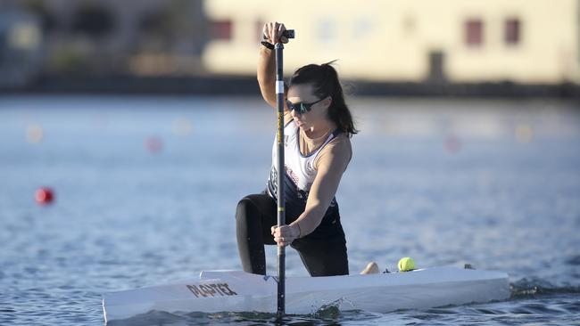 Bernadette Wallace of Tennyson (0414769063), at Westlakes training for the World Championships. She will be the first woman ever to compete in both kayaking and canoeing. 6 May 2019. (AAP Image/Dean Martin)