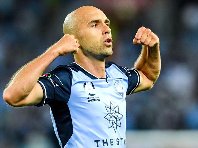 Adrian Mierzejewski of Sydney reacts after scoring during the round 10 A-League match between Western Sydney Wanderers FC and Sydney FC at ANZ Stadium in Sydney, Saturday, December 9, 2017. (AAP Image/Brendan Esposito) NO ARCHIVING, EDITORIAL USE ONLY