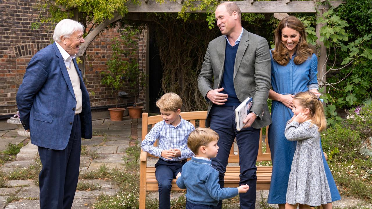 Out of the Queen’s eight grandchildren, only William and Kate’s kids Prince George, Princess Charlotte and Prince Louis have royal titles. The family seen here with Sir David Attenborough. Picture: Kensington Palace via Getty Images