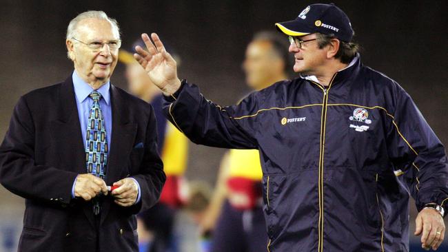 The late Harry Beitzel with Kevin Sheedy during an International Rules series training session.